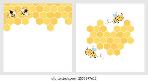 Beehive honey sign with hexagon grid cells and bee cartoons on white backgrounds vector.