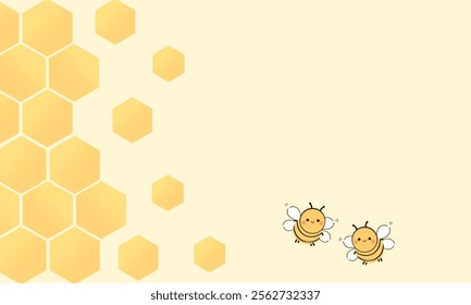 Beehive honey sign with hexagon grid cells and bee cartoons on yellow background vector.