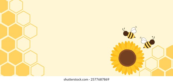 Beehive honey sign with hexagon grid cells, sunflower and bee cartoons on yellow background vector. 