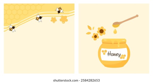 Beehive honey sign with hexagon grid cells, bee cartoons, honey pot, hand written fonts and cute flower on yellow background vector.