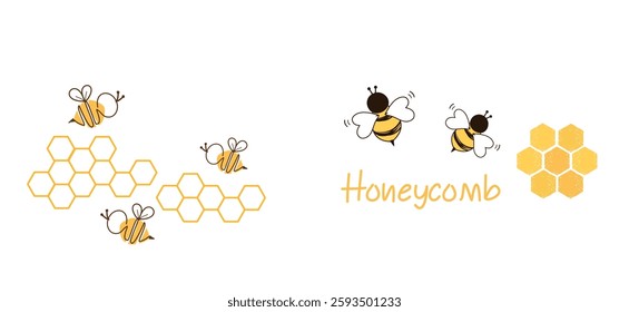 Beehive honey sign with hexagon grid cells, bee cartoons and hand written fonts isolated on white background vector.