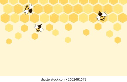 Beehive honey sign with hexagon grid cells and bee cartoons on yellow background vector. 