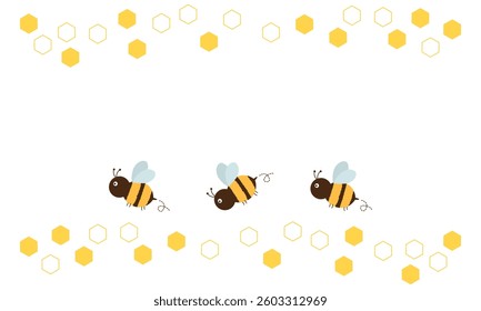 Beehive honey sign with hexagon grid cells and flying bee cartoons isolated on white background vector.