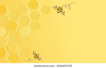 Beehive honey sign with hexagon grid cells and bee cartoons on yellow background vector.