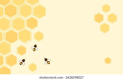 Beehive honey sign with hexagon grid cells and bee cartoons on yellow background vector.