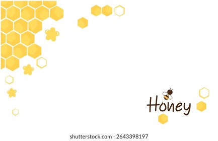 Beehive honey sign with hexagon grid cells, cute flower, bee cartoon and hand written fonts isolated on white background vector. 