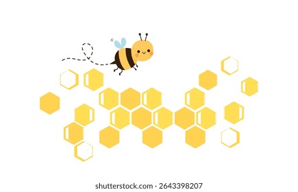 Beehive honey sign with hexagon grid cells and bee cartoon icon sign isolated on white background vector.