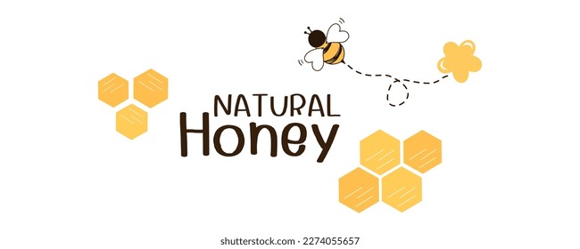Beehive honey sign label with flying bee cartoon and hand written fonts isolated on white background vector illustration.