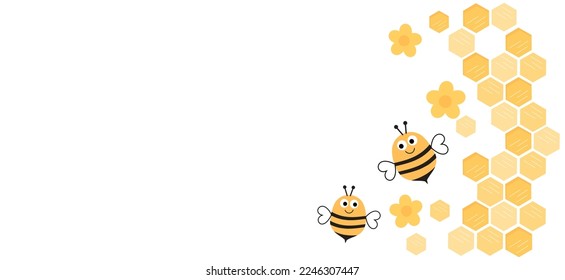 Etiqueta de señalización de miel de abejorro con celdas de cuadrícula hexagonales, flor de margarita amarilla y caricatura de abejas lindas sobre ilustración vectorial de fondo blanco.