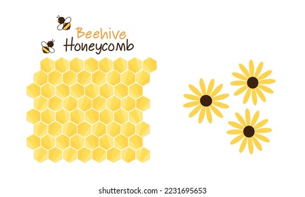 Logo del signo de miel de abeja, dibujo de abejas y flor de margarita amarilla aislada en ilustración vectorial de fondo blanco.