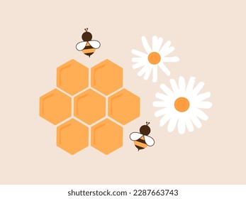 Beehive honey sign logo with bee cartoon and daisy flower vector illustration.