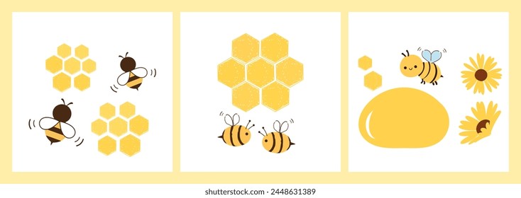 Logotipo de signo de miel de abeja con celdas de rejilla hexagonal, gota de miel, dibujos animados de abeja y flor amarilla aislada en Vector de fondo blanco.