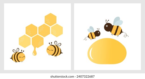 Beehive honey signs and bee cartoons isolated on white backgrounds vector.