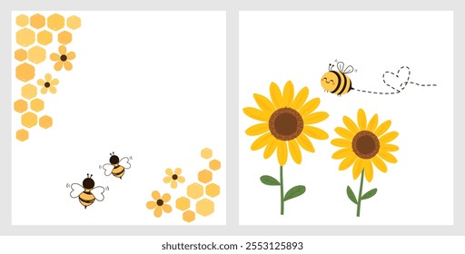 Signos de la miel de la colmena con las células de la rejilla del hexágono, los dibujos animados de la abeja y el girasol aislados en Vector blanco de los fondos.