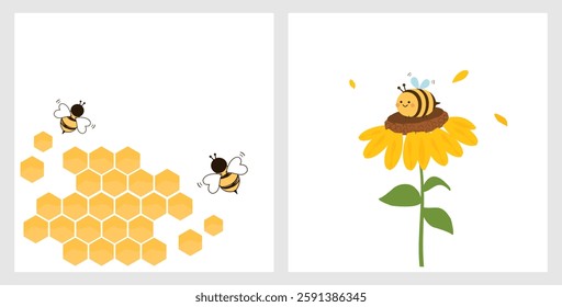 Beehive honey signs with hexagon grid cells and bee cartoons and sunflower isolated on white background.