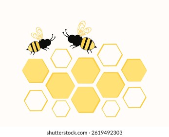 Beehive honey signs with hexagon grid cells and bee cartoons isolated on white background vector.