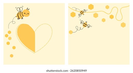 Beehive honey signs with hexagon grid cells, bee cartoons and honey drop line on yellow backgrounds vector.