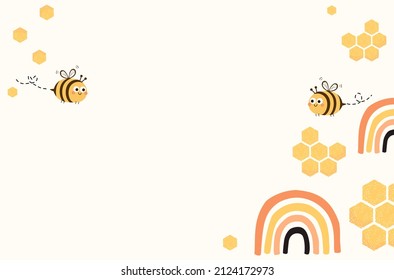 Beehive Honeycomb, bee cartoon and rainbows on yellow background vector illustration.