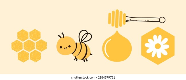 Beehive honeycomb, bee cartoon, stick, drop and daisy flower sign logo on yellow background vector illustration.