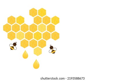 Beehive honeycomb, bee cartoons and drops isolated on white background vector illustration. 