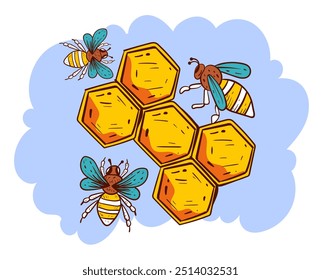 Panal de abeja con abejas y arte de línea de miel concepto aislado de estilo simple 