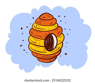 Beehive honeycomb with bees and honey line art simple style isolated concept 