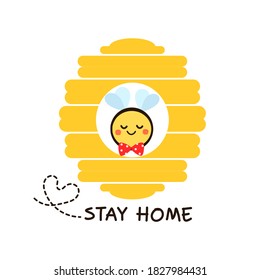 Beehive honeycomb and cute bee cartoon icon sign on white background vector illustration. Hand writing STAY HOME. Coronavirus prevention concept.