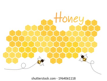 Colmena de abejas con celdas de cuadrícula hexagonales, dibujos animados de abejas y tipos de letra escritos a mano aislados en ilustración vectorial de fondo blanco.