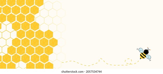 Combo de abeja con células de cuadrícula hexagonales y dibujos animados de abejas sobre ilustración vectorial de fondo amarillo.