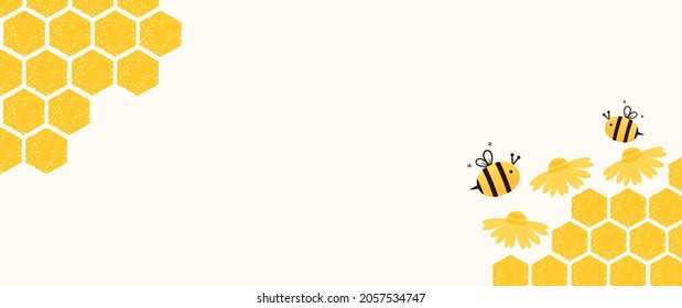 Beehive honeycomb with hexagon grid cells and bee cartoon on yellow background vector illustration.