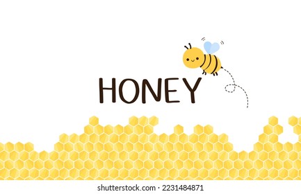 Beehive honeycomb with hexagon grid cells, bee cartoon and hand written fonts on white background vector illustration. 