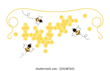 Beehive honeycomb with hexagon grid cells sign logo and bee cartoons isolated on white background vector illustration.