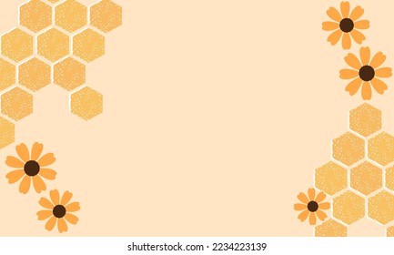 Beehive honeycomb with hexagon grid cells and cute flower on yellow background vector illustration.