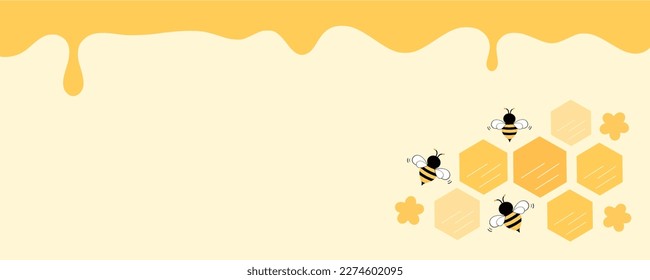 Beehive honeycomb with hexagon grid cells, bee cartoons, cute flower and honey drops on yellow background vector.