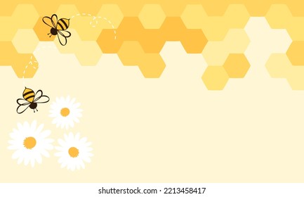 Etiqueta de panal de abejas con dibujos animados de abejas flor de margarita sobre ilustración vectorial de fondo amarillo.