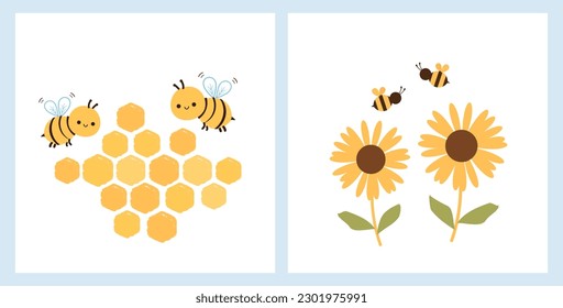 Cartel de panelito de abejas con dibujos animados de abejas y flor linda aislada en la ilustración vectorial de fondo blanco.