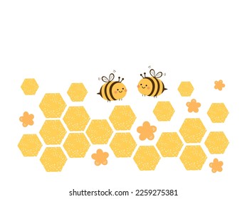 Signo de abejorro de abeja con células de rejilla hexagonal, dibujos de flores tiernas y abejas aislados en ilustración vectorial de fondo blanco.