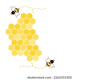 Beehive honeycomb sign logo with hexagon grid cells and bee cartoons isolated on white background vector illustration.