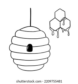 Beehive and honeycombs with drops of honey doodle icon. Hand drawn vector illustration isolated on white background.