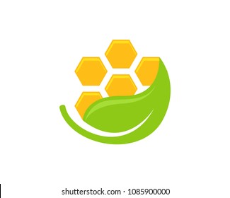 Beehive honeycombs with Leaf Logo Icon Natural Bees Honey and Leaves symbol