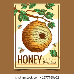 Beehive House Of Wild Bee On Branch Poster Vector. Organic Nature Wax Bee Home With Circular Entrance For Flying Insect Colony On Leaves Tree. Template Hand Drawn In Vintage Style Illustration