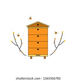 Beehive icon with bees and tree branches. Forest bee farm concept. Logo or design element for web design isolated on white