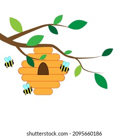 Beehive icon. Flying animals. Tree branch. Cartoon design. Hand drawn. Abstract style. Vector illustration. Stock image. 
