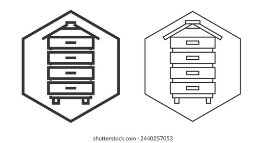Bienenstock-Symbol oder Logo-Vorlage für Bienenstöcke. Bienenzuchthaus aus Holz in dünner und dicker Linie