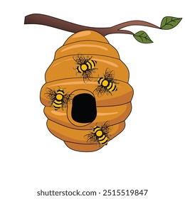 colmena colgante con abejas zumbando. La Imagen presenta una estructura detallada de panal, rodeada de múltiples abejas voladoras, perfecta para diseños temáticos de la naturaleza, contenido educativo o relacionados con la apicultura.