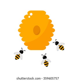 Beehive isolated icon on white background. Beehive with honey bees. Apiary farm. Flat style vector illustration. 