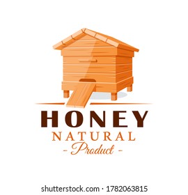 Colmena aislada en un fondo blanco. Etiqueta de miel, logotipo, concepto de emblema. Ilustración del vector