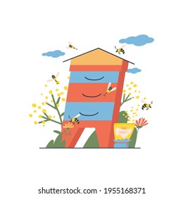 A beehive and a jar of honey in a clearing with flowers. The concept of healthy food. Postcard with organic honey 100% natural. Honey bees, flowers, jar of honey.