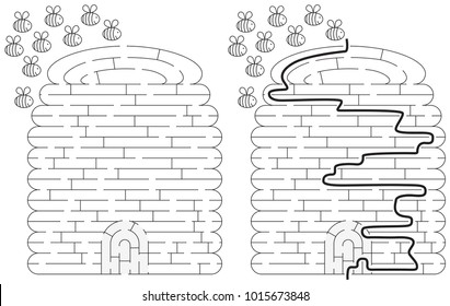 Beehive maze for kids with a solution in black and white