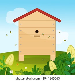 A beehive in the middle of the meadow. Landscape in cartoon style. 
